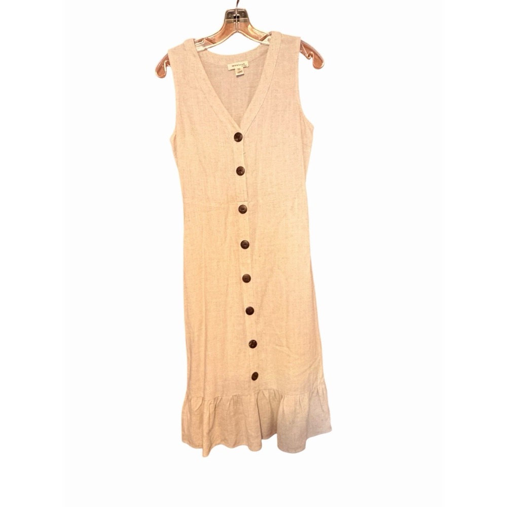 Monteau M Beige Linen Sleeveless Button Front Midi Dress Rayon Linen V-Neck